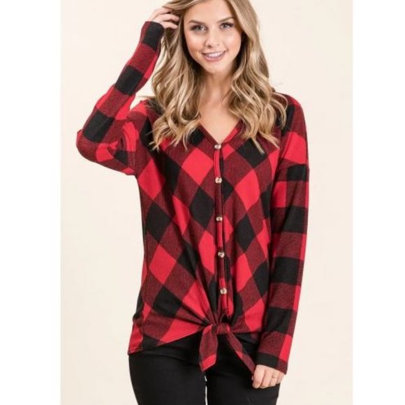 Tops - Red & Black Checkered Hooded Tie Top - Small, Medium, Large